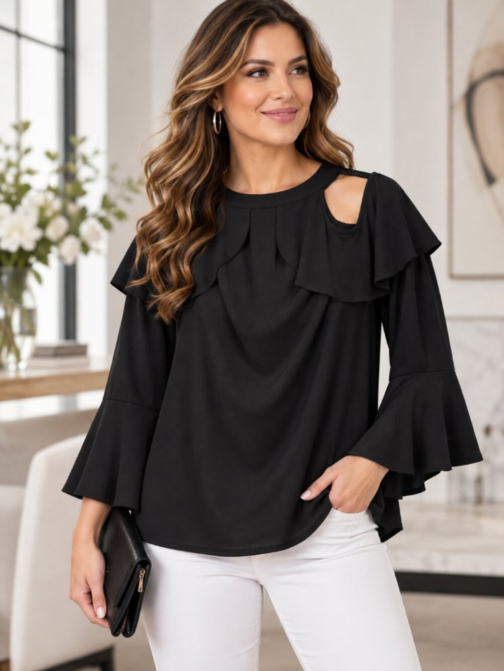 Thalia Sodi XL Black Cold Shoulder Ruffle Bell Sleeve Blouse Top NWT